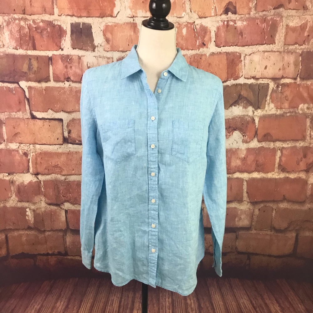 Talbots Blue Linen Button Down Roll Tab Shirt